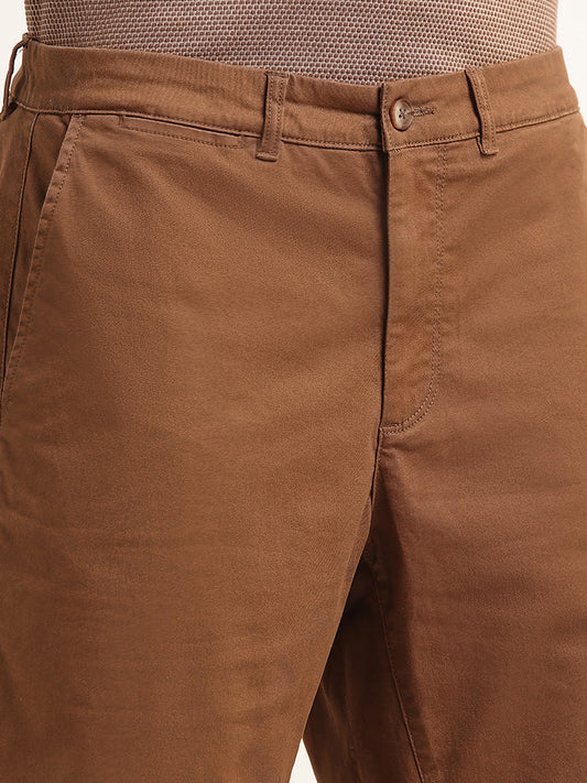 WES Casuals Brown Solid Relaxed Fit Cotton Blend Mid Rise Shorts