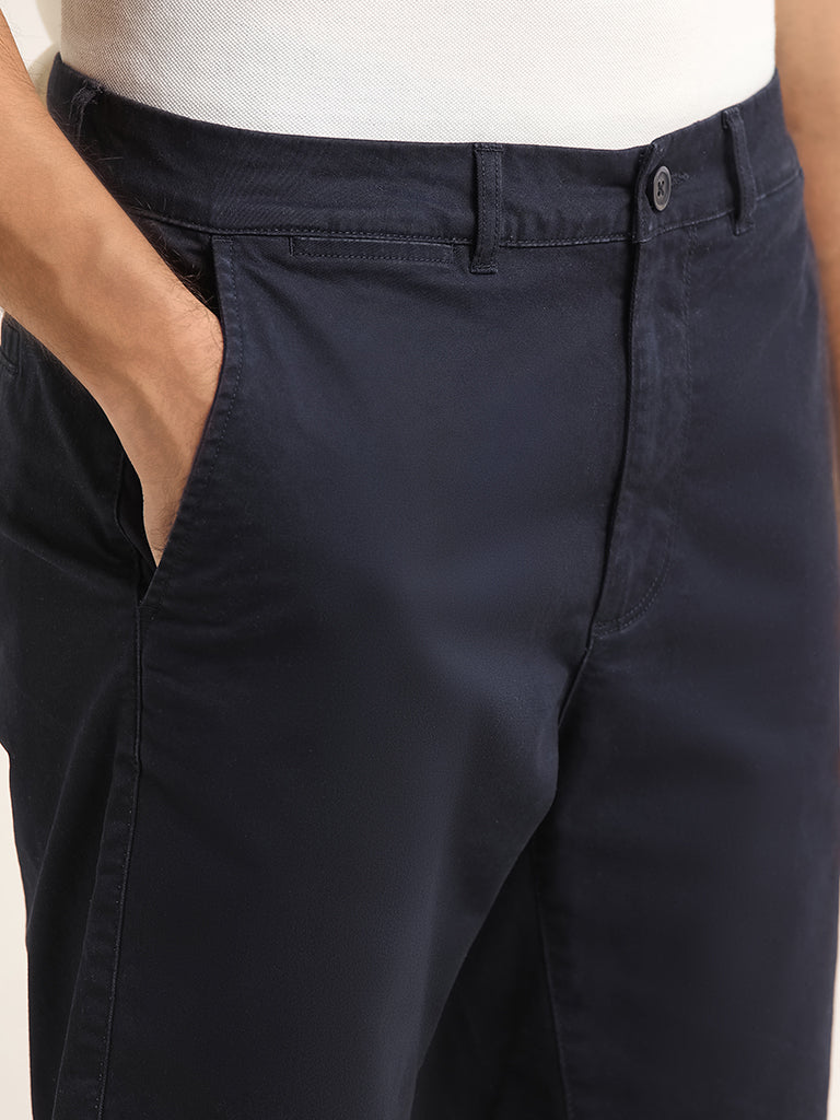 WES Casuals Navy Solid Relaxed Fit Cotton Blend Mid Rise Shorts