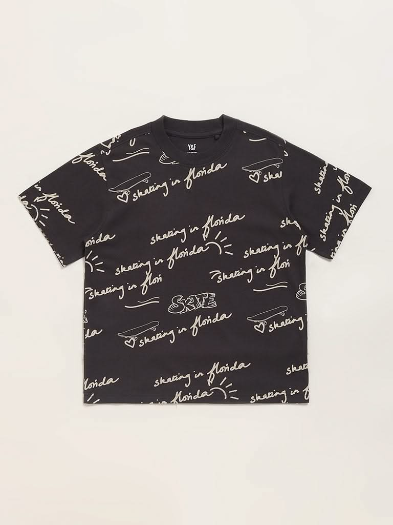 Y&F Kids Black Typographic T-Shirt