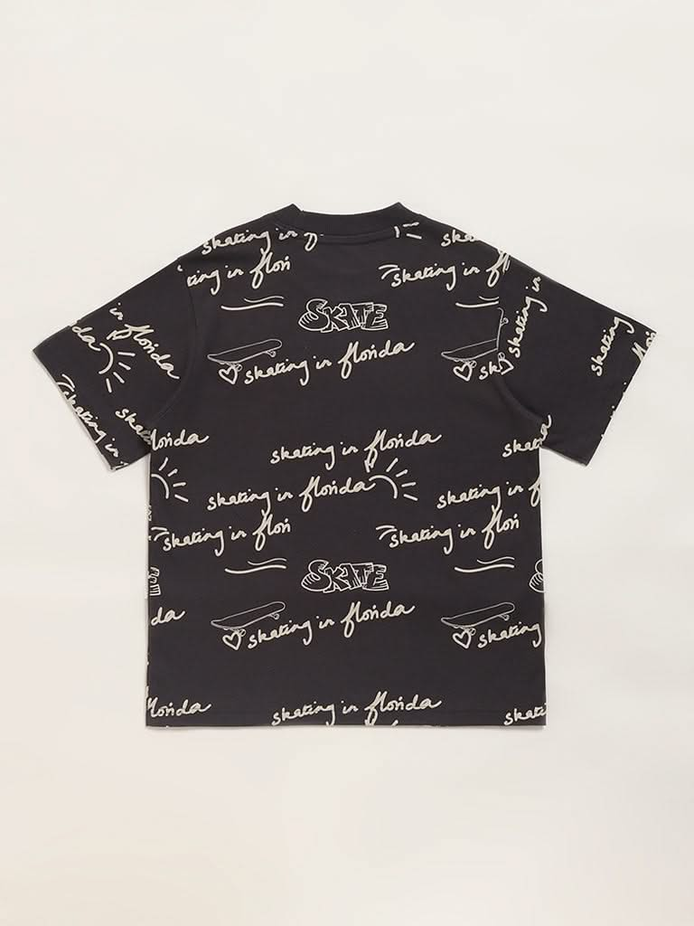 Y&F Kids Black Typographic T-Shirt