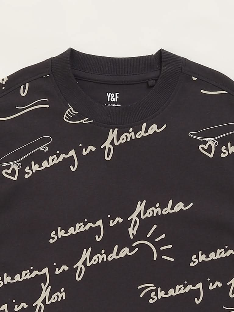 Y&F Kids Black Typographic T-Shirt