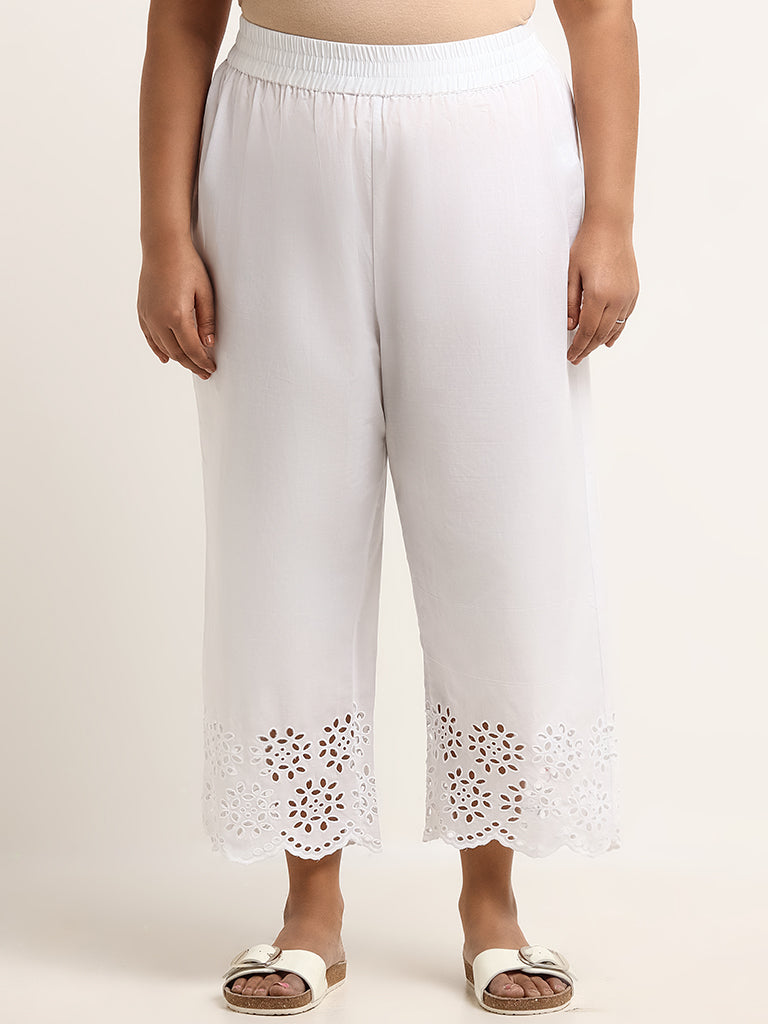 Diza White Mid-Rise Cotton Schiffli Pants