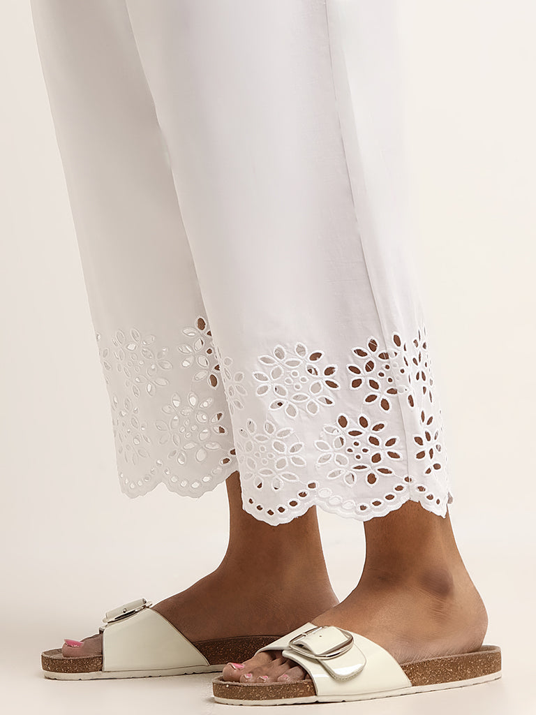 Diza White Mid-Rise Cotton Schiffli Pants