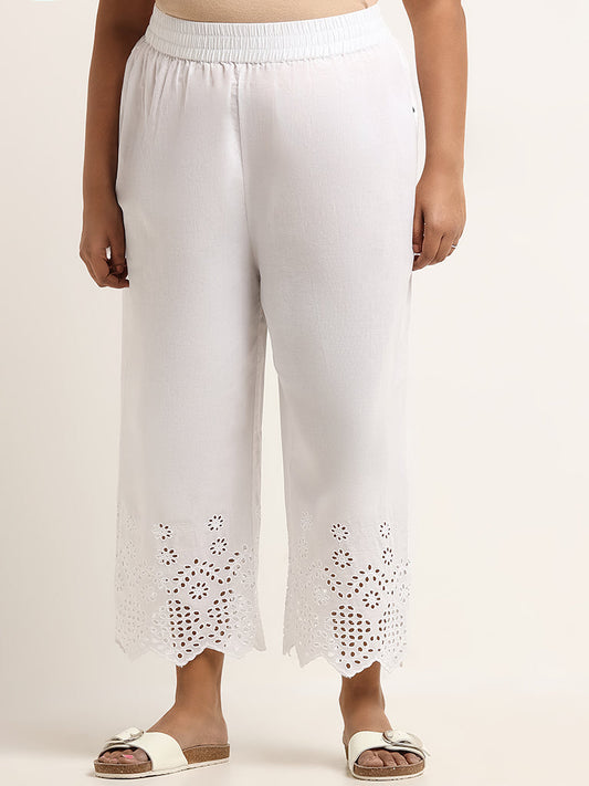 Diza White Mid Rise Schiffli Pants