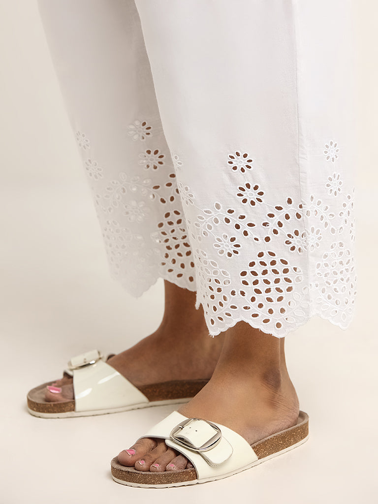 Diza White Mid Rise Schiffli Pants