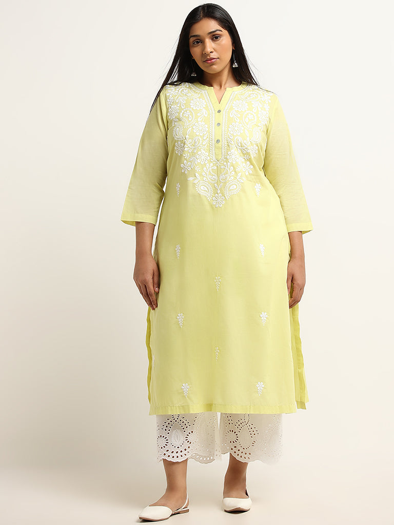 Diza Yellow Straight-Fit Chikankari Cotton Kurta