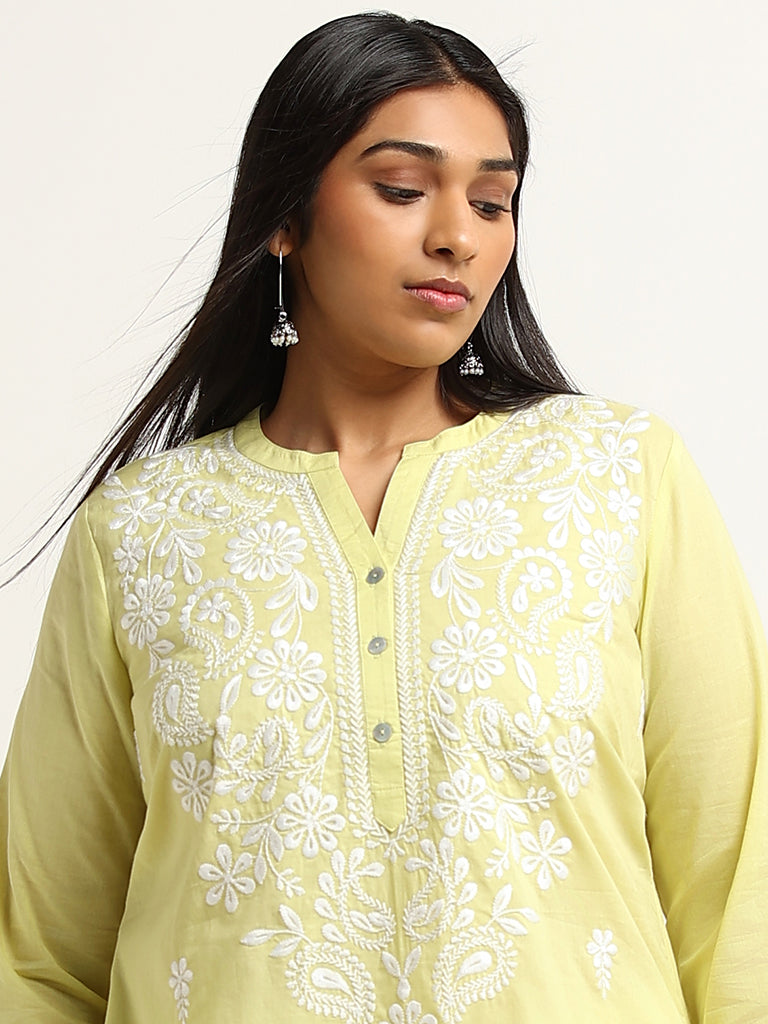 Diza Yellow Straight-Fit Chikankari Cotton Kurta