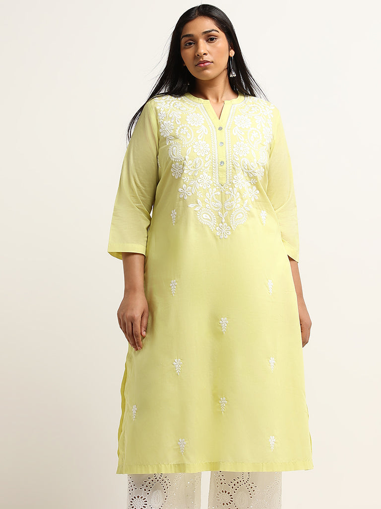 Diza Yellow Straight-Fit Chikankari Cotton Kurta