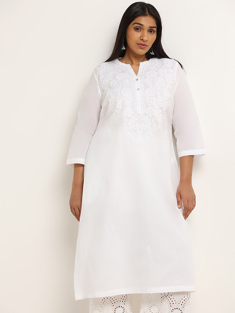 Diza White Straight-Fit Chikankari Cotton Kurta