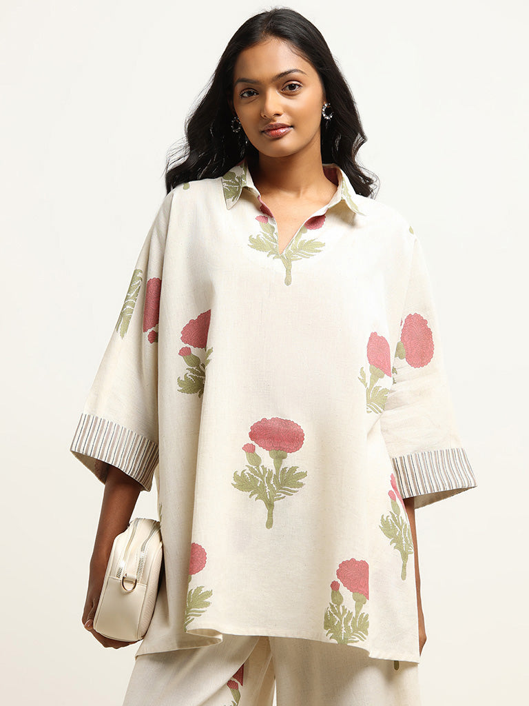 Utsa Pink Floral Print Cotton Kurti