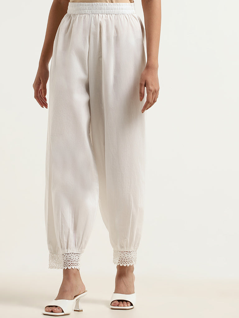 Utsa White Cotton Lacy Pants