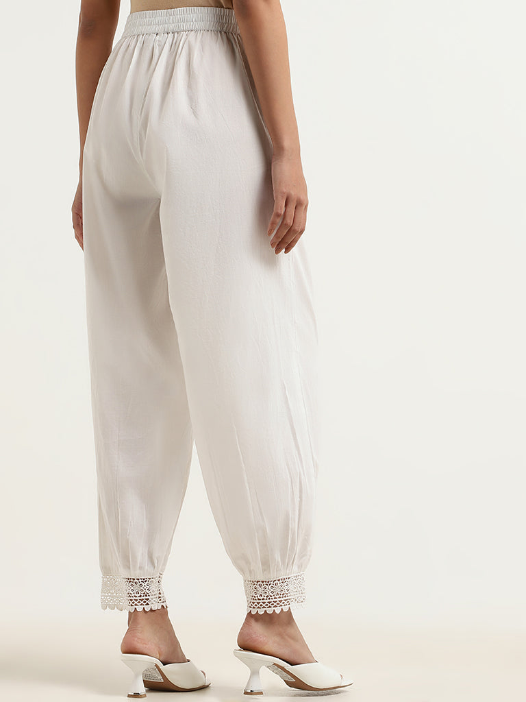 Utsa White Cotton Lacy Pants