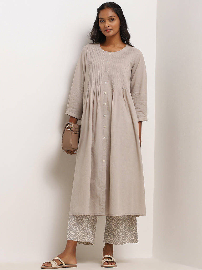 Utsa Grey Printed Blended Linen Wide-Leg Pants