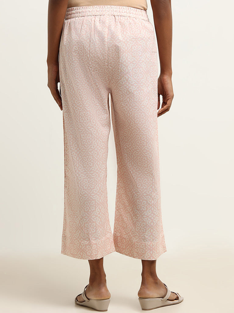 Utsa Pink Printed Blended Linen Wide-Leg Pants