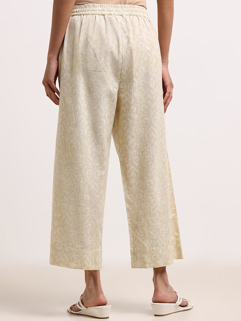 Utsa Lime Printed Blended Linen Wide-Leg Pants