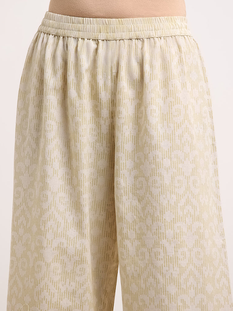 Utsa Lime Printed Blended Linen Wide-Leg Pants