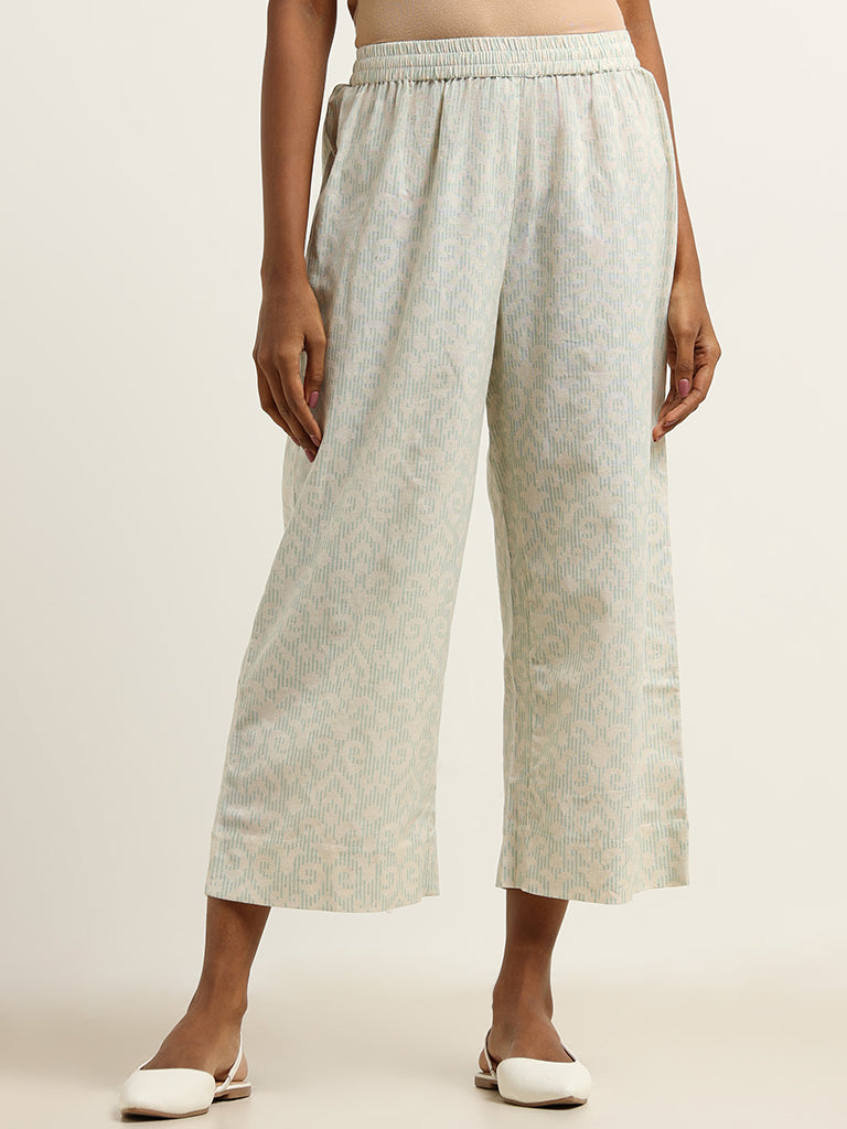 Utsa Blue Straight-Fit Printed Cotton Pants