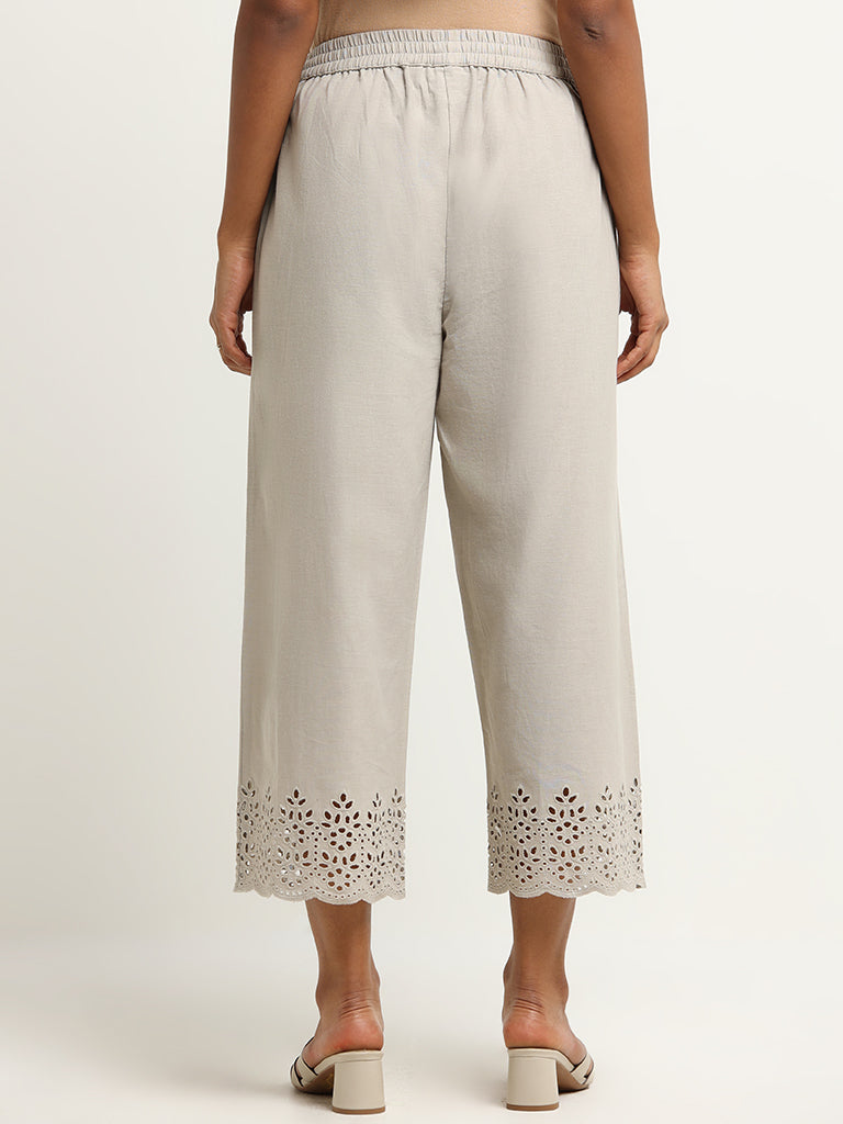 Utsa Grey Cutwork Hem Cotton Wide-Leg Pants