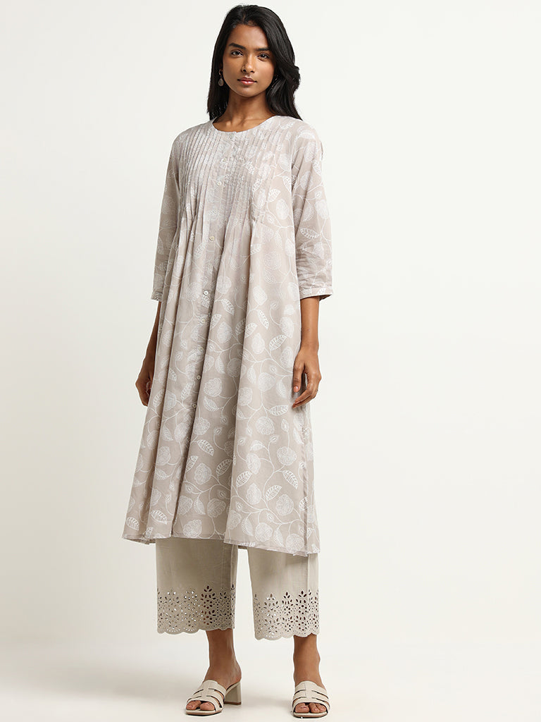 Utsa Grey Cutwork Hem Cotton Wide-Leg Pants