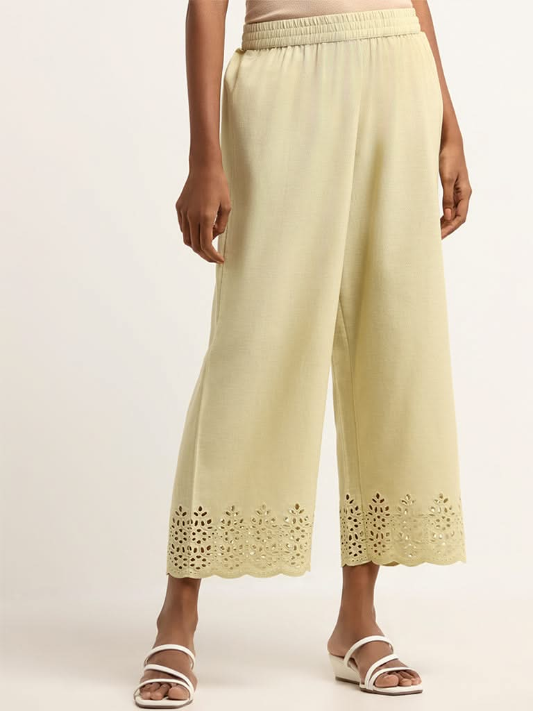 Utsa Lime Mid Rise Blended Linen Pants