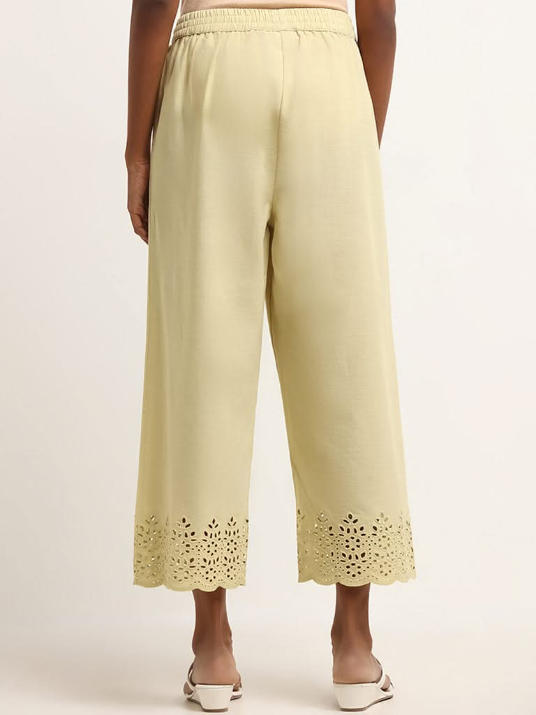 Utsa Lime Mid Rise Blended Linen Pants