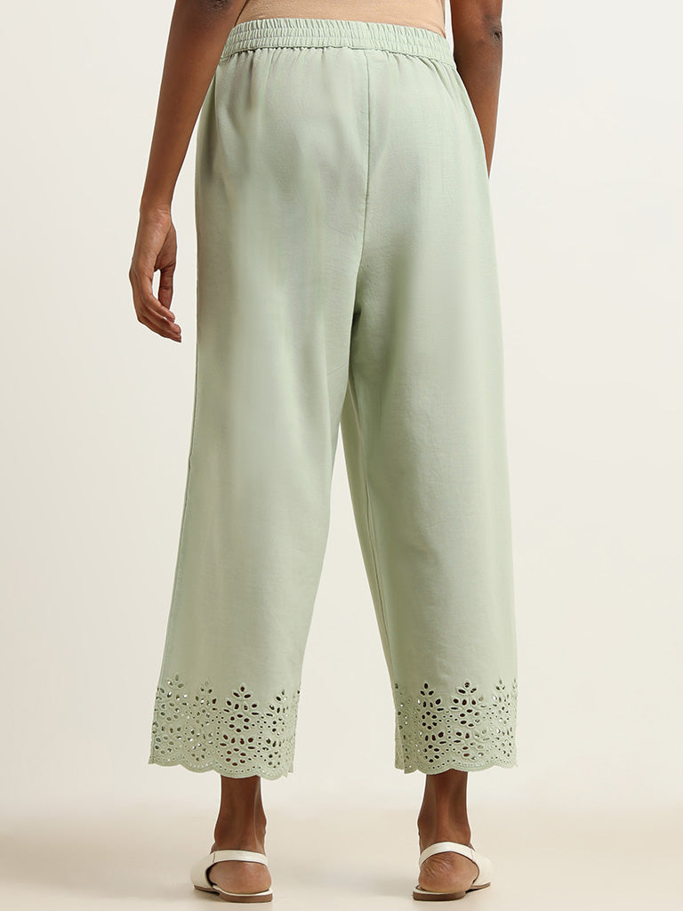 Utsa Mint Cutwork Hem Blended Linen Wide-Leg Pants