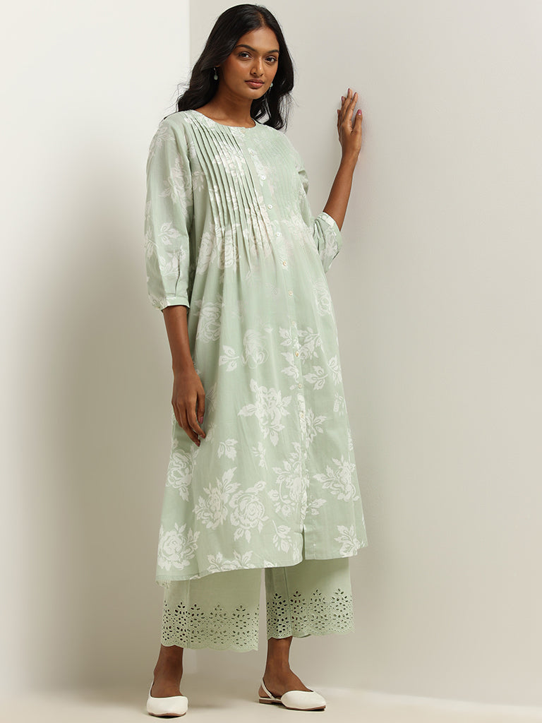 Utsa Mint Cutwork Hem Blended Linen Wide-Leg Pants