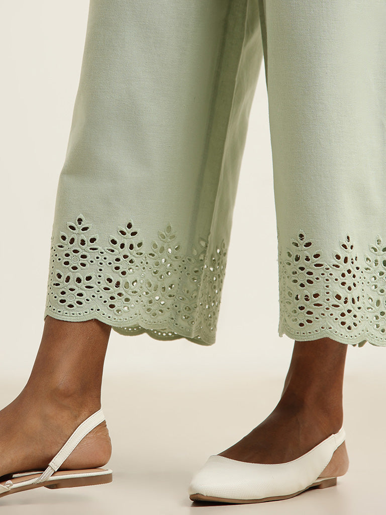 Utsa Mint Cutwork Hem Blended Linen Wide-Leg Pants