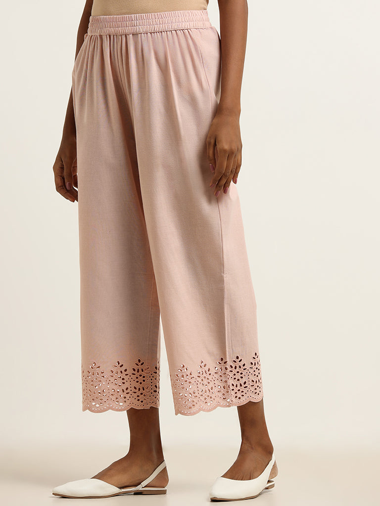 Utsa Pink Cutwork Hem Blended Linen Wide-Leg Pants