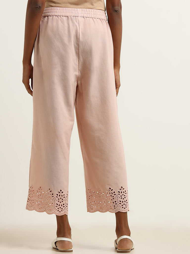 Utsa Pink Cutwork Hem Blended Linen Wide-Leg Pants