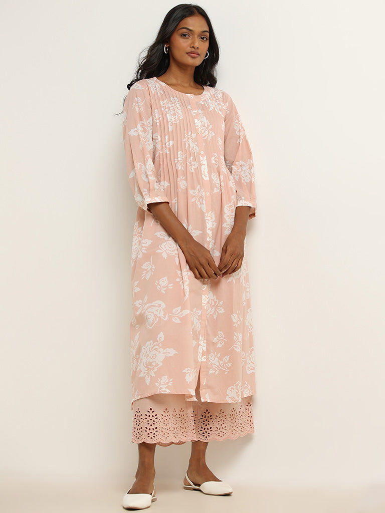 Utsa Pink Cutwork Hem Blended Linen Wide-Leg Pants