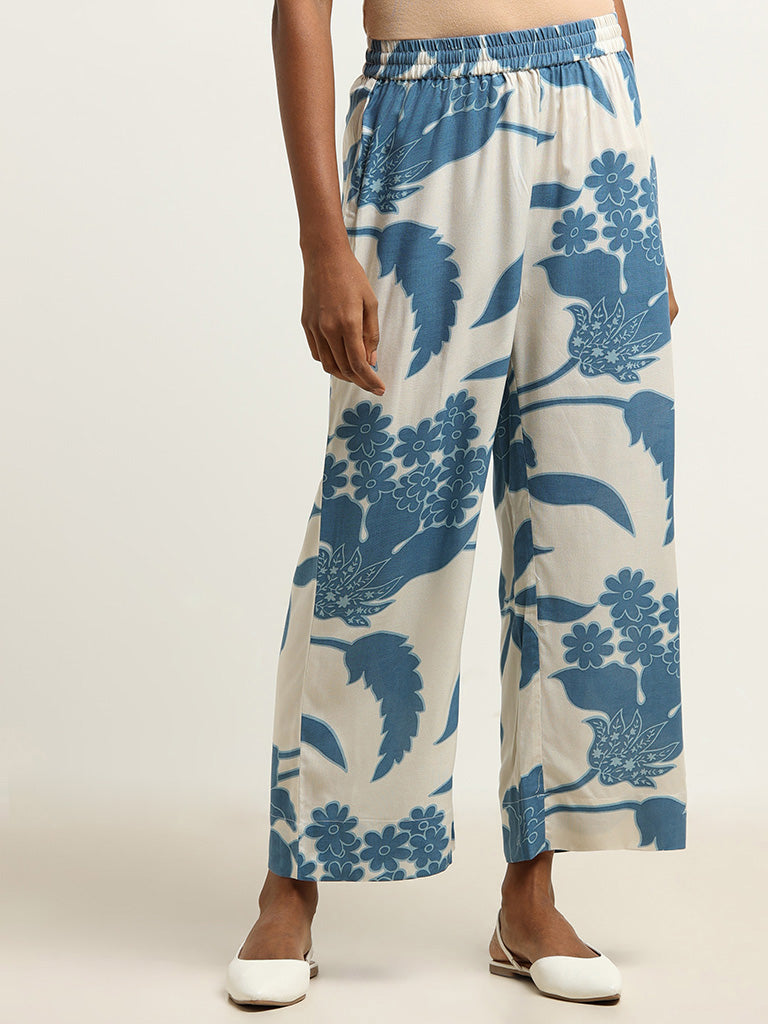 Utsa Blue Printed Wide-Leg Pants