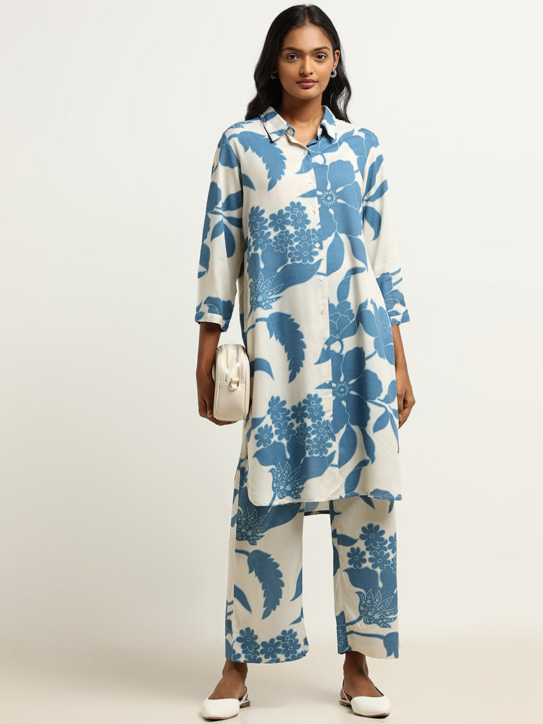 Utsa Blue Printed Wide-Leg Pants