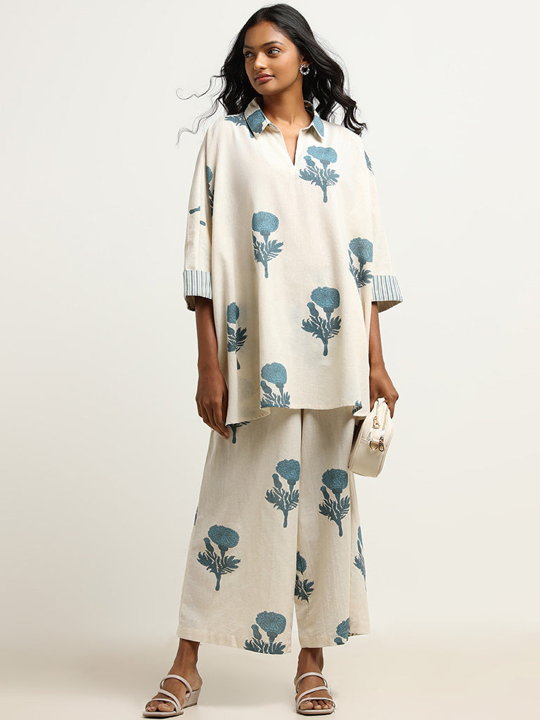 Utsa Indigo Wide-Leg Blended Linen Palazzos