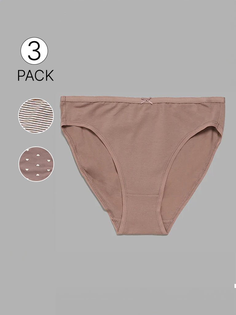 Wunderlove Beige Bikini Cotton Blend Assorted Briefs - Pack of 3