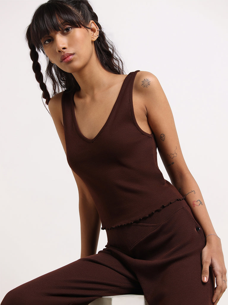 Superstar Brown Cotton Blend Vest Top