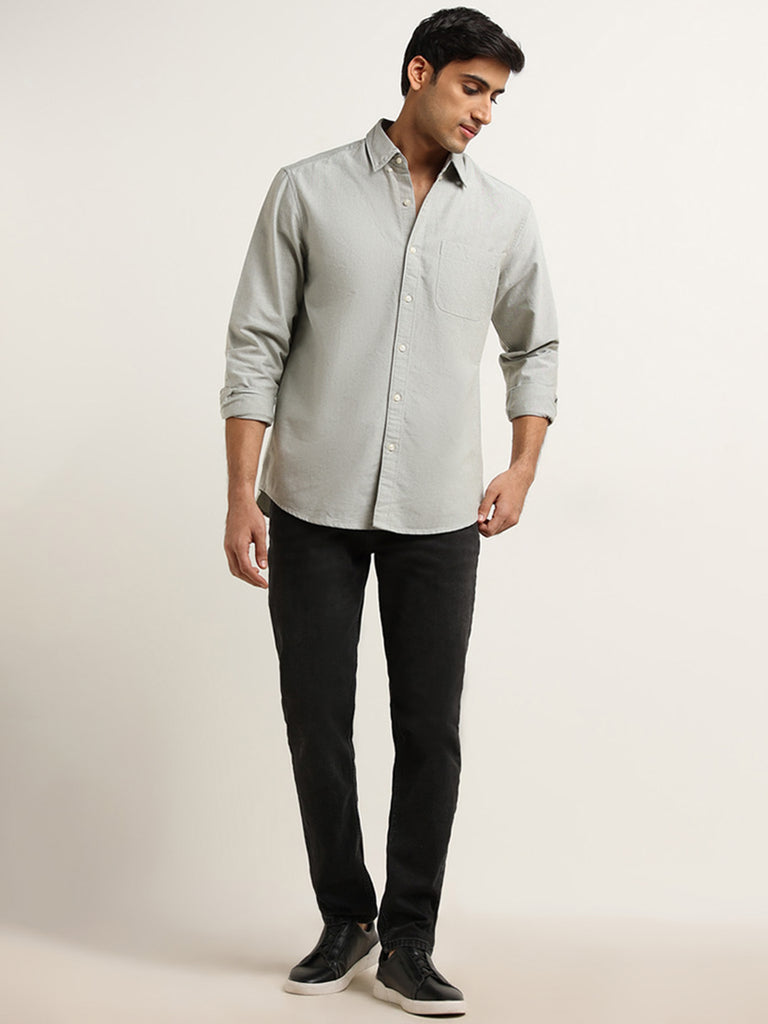 WES Casuals Light Sage Solid Cotton Relaxed Fit Shirt