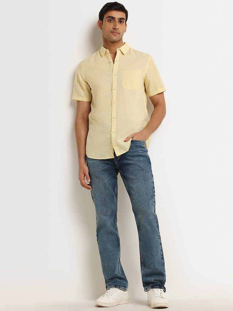 WES Casuals Yellow Linen-Blend Slim Fit Shirt