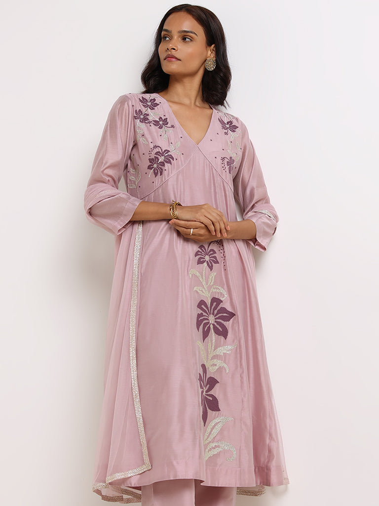 Vark Mauve Embroidered Kurta Set