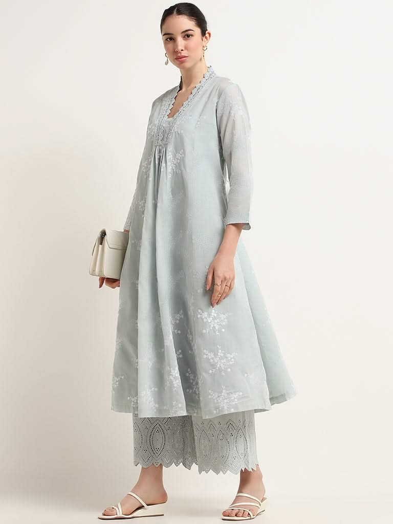 Zuba Blue Lace detail Cotton Kurta and Camisole Set