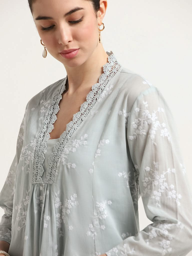 Zuba Blue Lace detail Cotton Kurta and Camisole Set