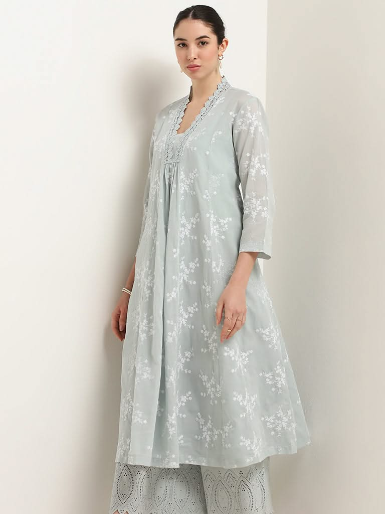 Zuba Blue Lace detail Cotton Kurta and Camisole Set