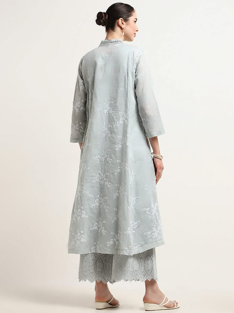 Zuba Blue Lace detail Cotton Kurta and Camisole Set