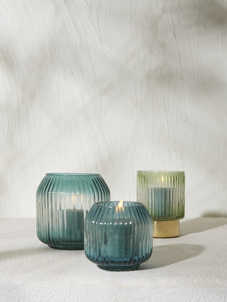 Westside Home Blue Ribbed Glass Tealight Candle Stand - Medium