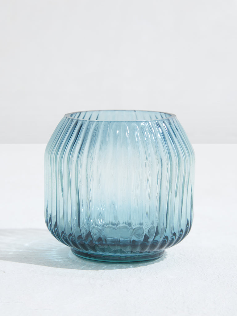 Westside Home Blue Ribbed Glass Tealight Candle Stand