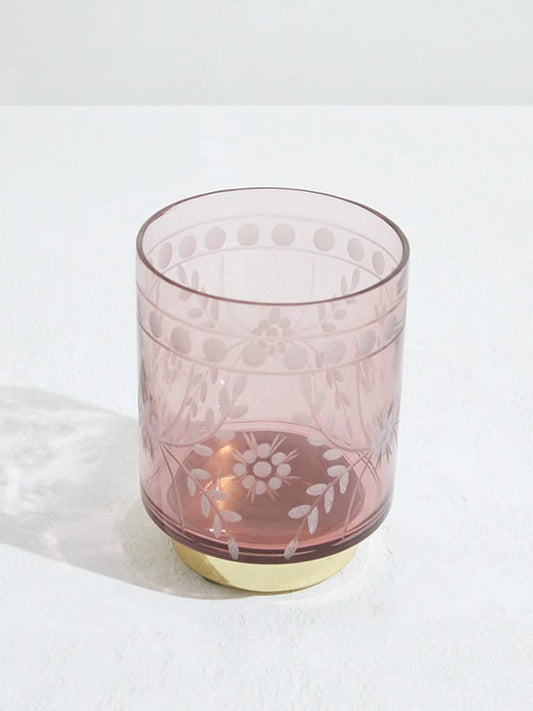 Westside Home Pink Etched Glass Candle Holder-Large