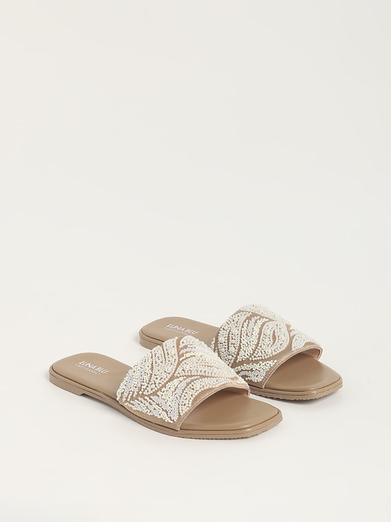 LUNA BLU Taupe Pearl Embroidered Sandals