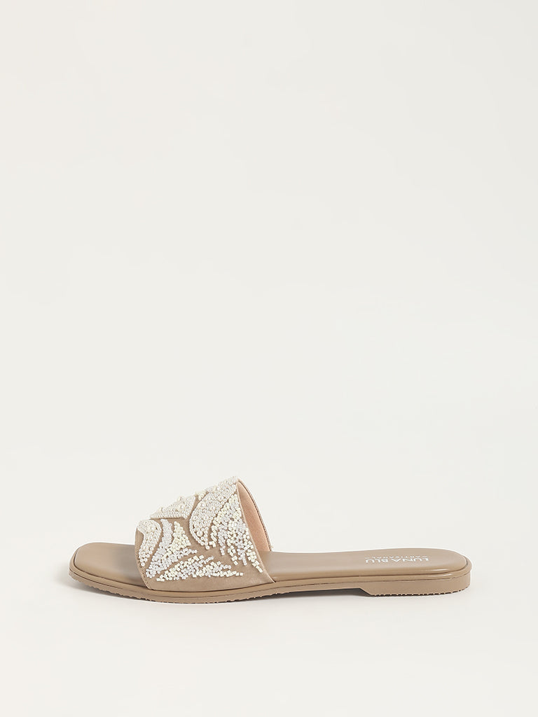 LUNA BLU Taupe Pearl Embroidered Sandals