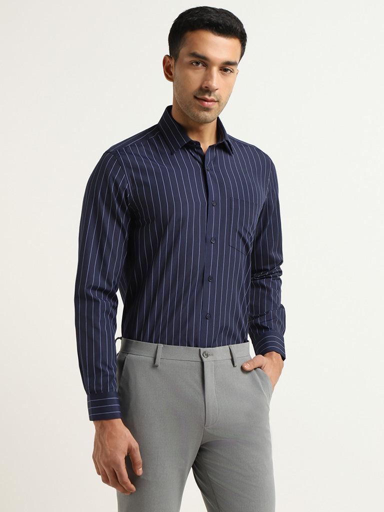 WES Formals Navy Striped Slim Fit Shirt