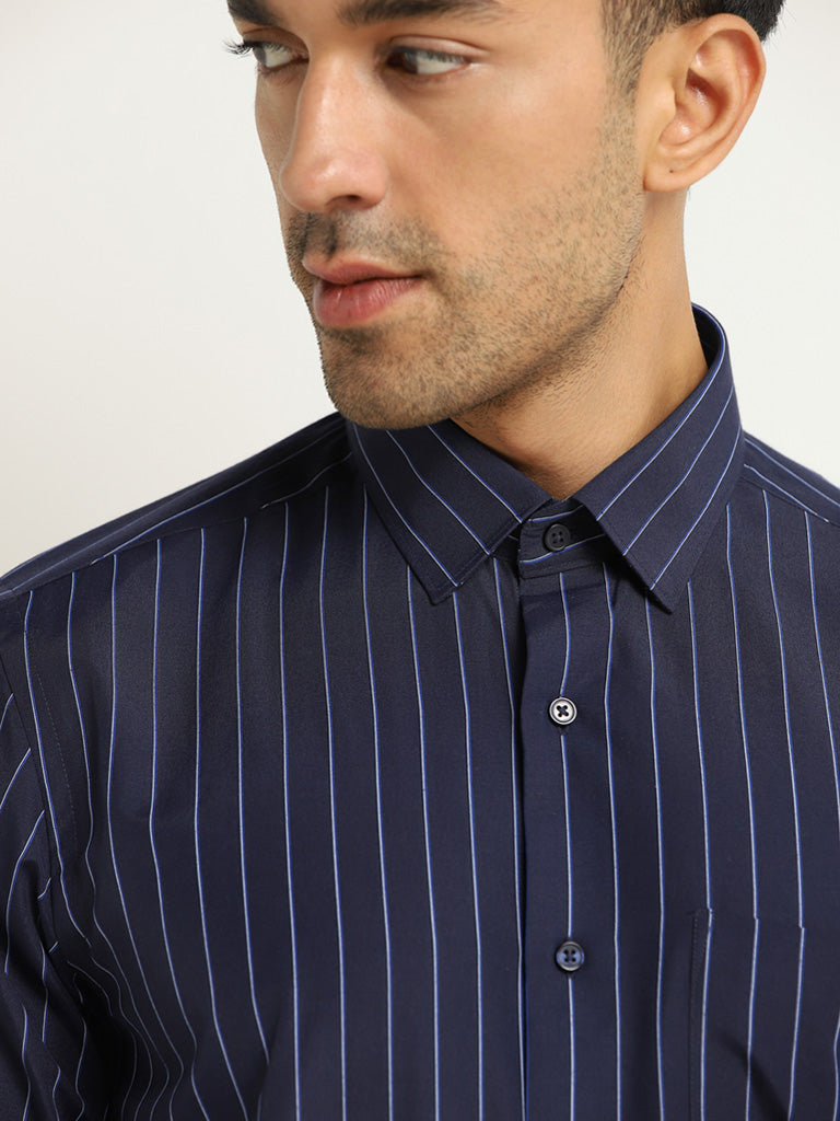 WES Formals Navy Striped Slim Fit Shirt